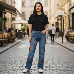 Women's NY&C Embellished Y2K Denim Jeans with Floral Stripe Accents Size 10